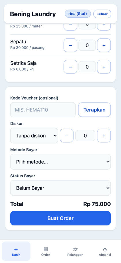 Tampilan kasir Laundry ERP