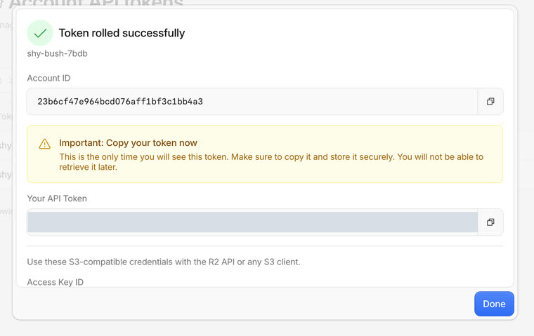 Layar hasil Cloudflare yang menampilkan Account ID dan API Token bersamaan